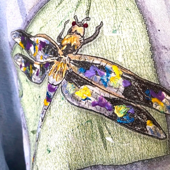 Denim Shirt Hand Painted MAJOR MARKDOWN Soft, Colorful Floral & Dragonflies L - Picture 6 of 11